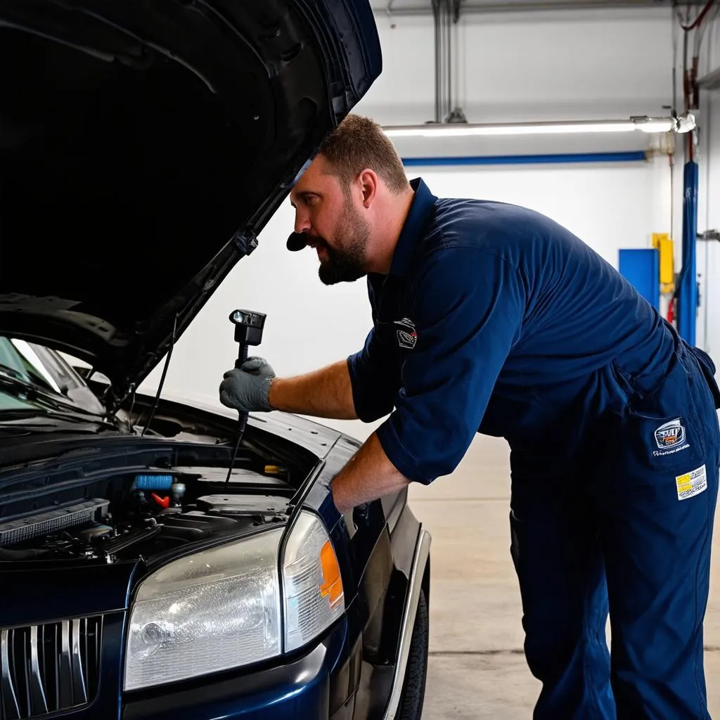 Mechanic inspecting engine